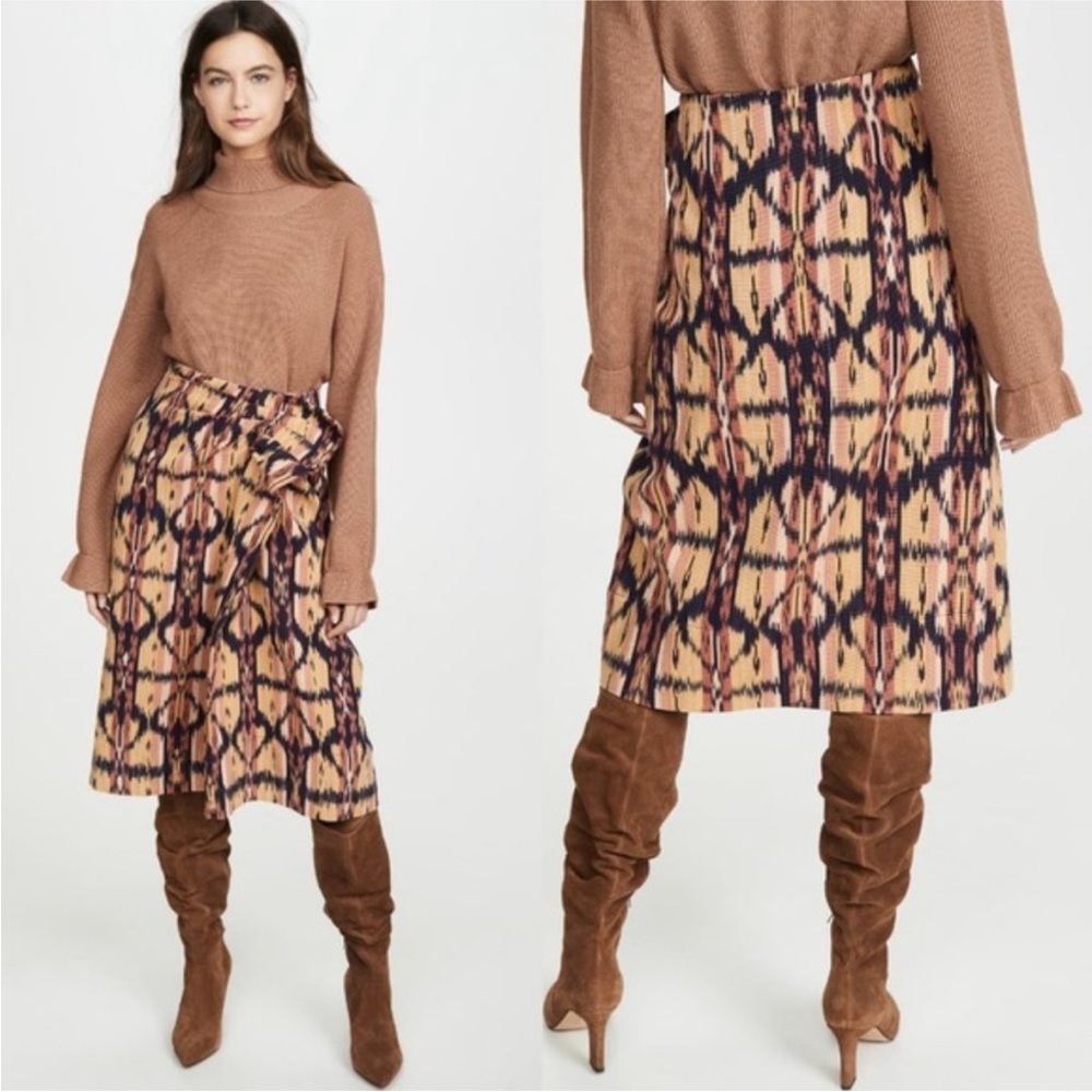 Ulla Johnson EMBER Ikat 100% Cotton Knee Length Faux-Wrap Midi Skirt Size 8 Med
